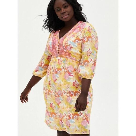 Torrid 14677924 PEACH FLORAL GAUZE HI-LO DRESS Shirred Embroidered Button V Neck - Picture 12 of 12